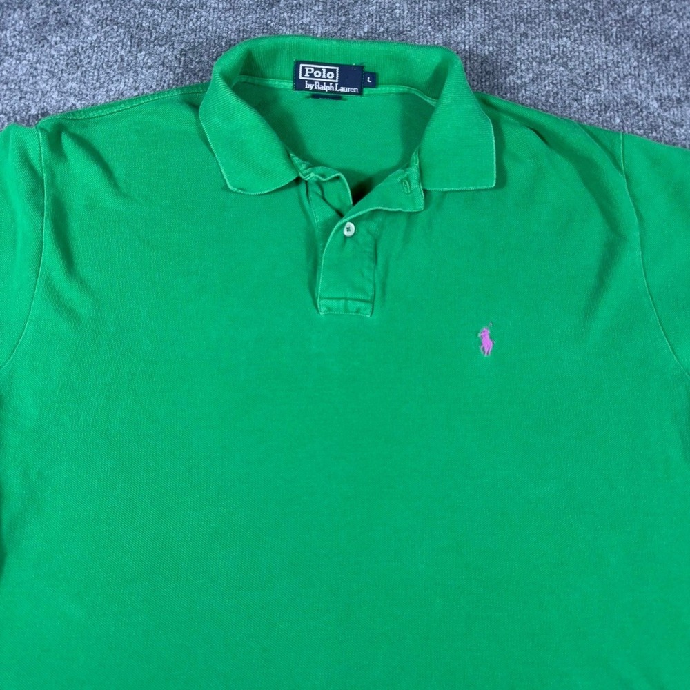 Polo Ralph Lauren Mens Green Pique Cotton Polo Shirt‎ Purple Pony Large